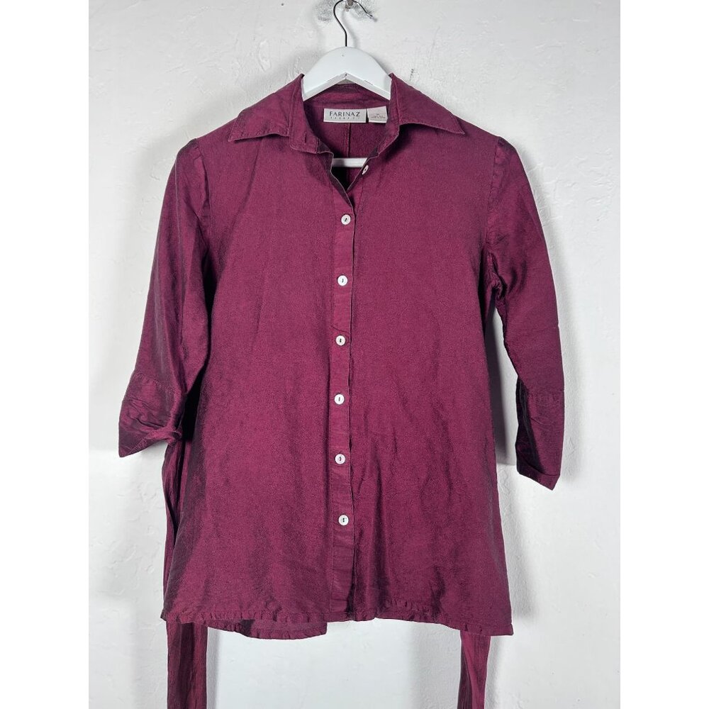 Farinaz Taghavi Womens Burgundy 100% Silk Tie-Waist Button-Up Shirt Top Size 10